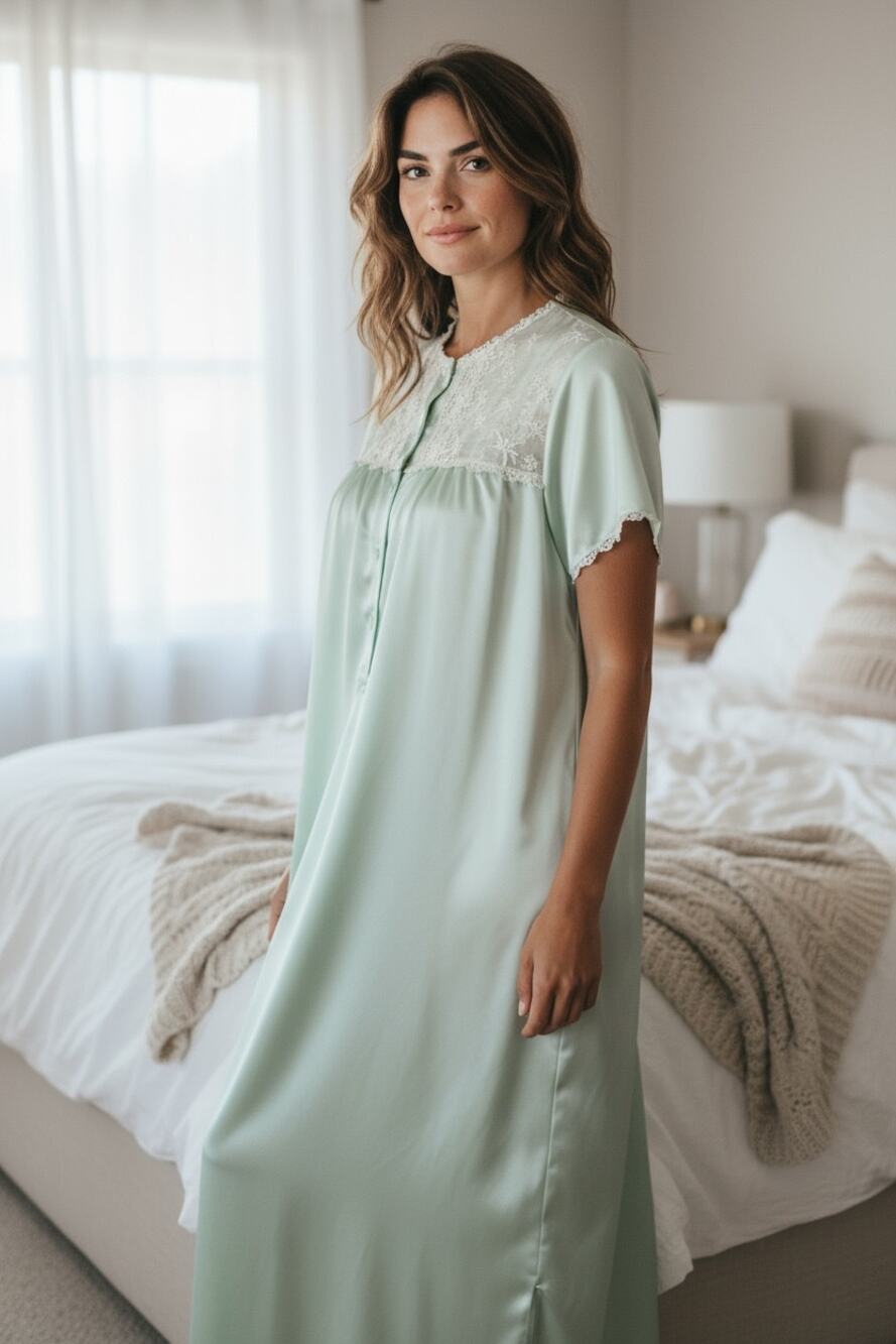 Vintage Oscar de la Renta Lace Trim Modest nightgown Celery Green